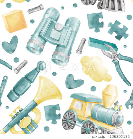 A seamless pattern for baby boys. Watercolor illustrations of children's toys in blue and yellow tones isolated on a white for printing on fabric, wrapping paper, wallpaper, and backgrounds. 136205186