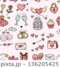 valentine seamless pattern background, cute drawing cartoon of heart, love, ring, rose, letter, Champagne, cup cake, key, calendar isolated on pink background, flat minimal style 136205425