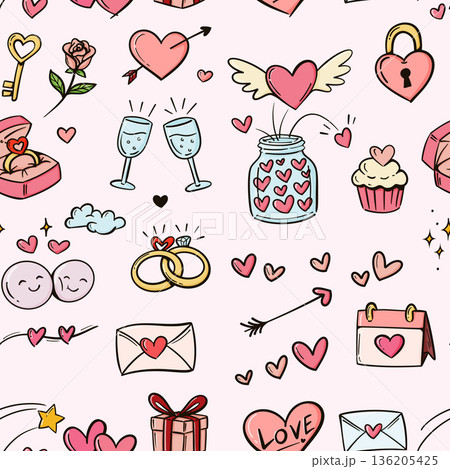 valentine seamless pattern background, cute drawing cartoon of heart, love, ring, rose, letter, Champagne, cup cake, key, calendar isolated on pink background, flat minimal style valentine seamless pattern background, cute drawing cartoon of heart, love, ring, rose, letter, Champagne, cup cake, key, calendar isolated on pink background, flat minimal style 136205425