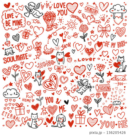 set of cute drawing cartoon of Valentine with heart, cupid, pet, text outline isolated on white background 136205426