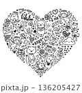 set of cute drawing cartoon of Valentine with cat, dog, heart, cupid, rose, love letter, pet, text outline isolated on white background in heart shape 136205427