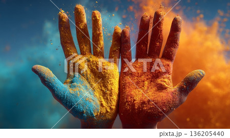 Two hands reach upward as vibrant orange and blue powder bursts into colorful clouds around them, celebrating the spirit of the Holi festival. 136205440