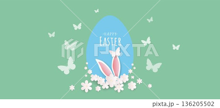 Happy Easter banner with rabbit ears, flowers and a butterfly on a green background with a blue egg. 136205502