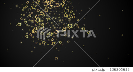 Twinkle stars scattered around randomly, flying, falling down, floating. Christmas celebration concept. Festive stars vector illustration on black background. 136205635