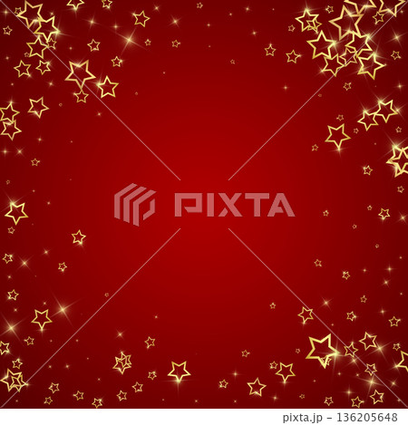 Twinkle stars scattered around randomly, flying, falling down, floating. Christmas celebration concept. Festive stars vector illustration on red background. Twinkle stars scattered around randomly, flying, falling down, floating. Christmas celebration concept. Festive stars vector illustration on red background. 136205648