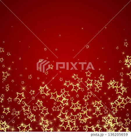 Christmas stars vector overlay. Magic stars luxury sparkling confetti. Christmas spirit. Festive stars vector illustration on red background. 136205659