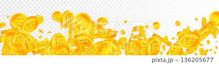 Korean won coins falling. Scattered gold WON coins. Korea money. Great business success concept. Panoramic vector illustration. 136205677