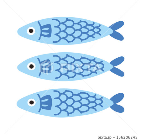青い魚を並べたフラットデザインイラスト 青い魚を並べたフラットデザインイラスト 136206245
