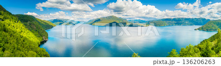 Panoramic view from above of the fjord with beautiful sky. View of Sandsfjord (Sandsfjorden) near Eide and Sand villages in municipality of Suldal in Rogaland county, Norway. Horizontal banner 136206263