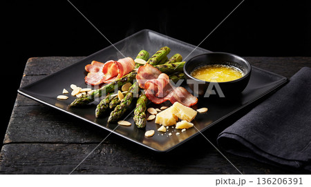 Asparagus, bacon and cheese dish. Gastronomic gourmet image concept 136206391
