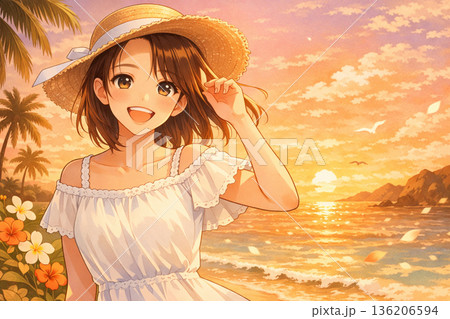 夏の夕暮れのビーチと女性 136206594