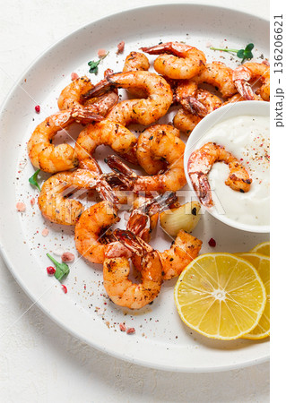 Fried shrimp, headless, with spices, grilled, homemade, no people, 136206621