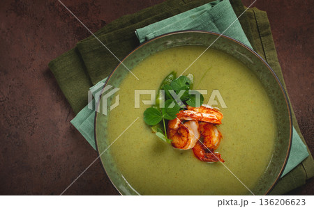 pea cream soup, with shrimp, green soup, homemade, top view, no people, 136206623