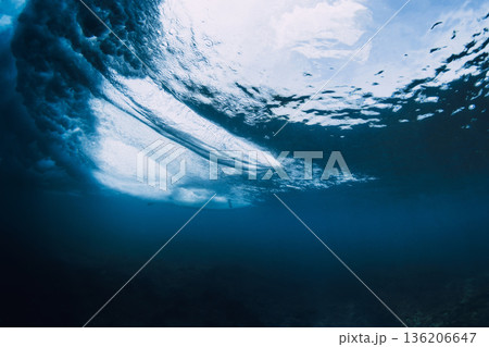 Surfer riding with surfboard, breaking ocean wave Surfer riding with surfboard, breaking ocean wave 136206647
