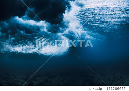 Surfer carving inside powerful wave, underwater perspective of ocean and extreme sport. Surfer carving inside powerful wave, underwater perspective of ocean and extreme sport. 136206655