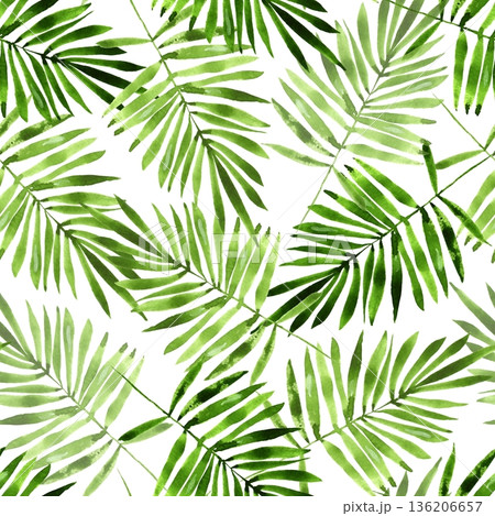 Seamless pattern Illustration featuring hand-drawn bright green watercolor palm leaves on white background. Design for summer fashion, vibrant tropical decor or beach accessories. 136206657