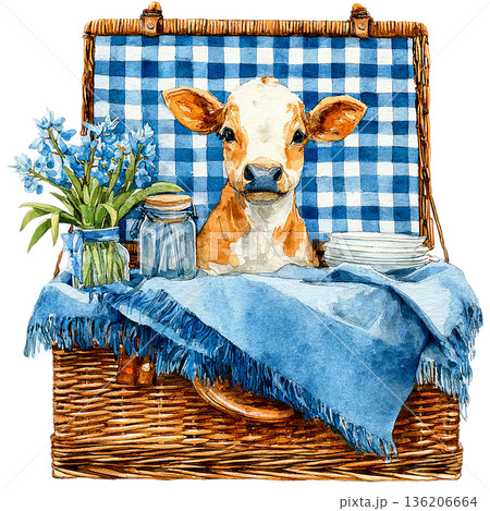Adorable young calf peeking from a charming picnic basket filled with blue flowers and plates, evoking a sense of whimsical countryside charm for delightful outdoor adventures. 136206664