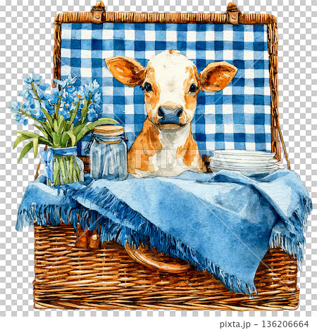 Adorable young calf peeking from a charming picnic basket filled with blue flowers and plates, evoking a sense of whimsical countryside charm for delightful outdoor adventures. 136206664