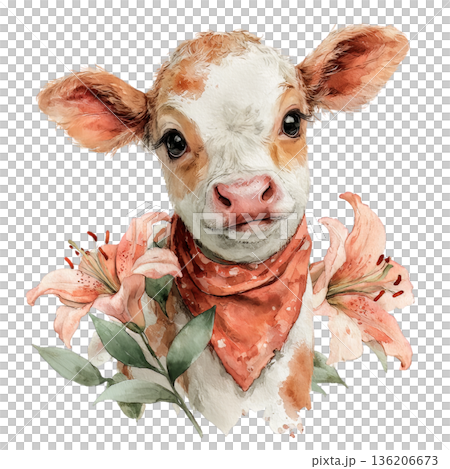 Adorable watercolor baby cow adorned with a rustic bandana and delicate lilies, radiating a charming and gentle farm-fresh appeal for whimsical designs. Adorable watercolor baby cow adorned with a rustic bandana and delicate lilies, radiating a charming and gentle farm-fresh appeal for whimsical designs. 136206673