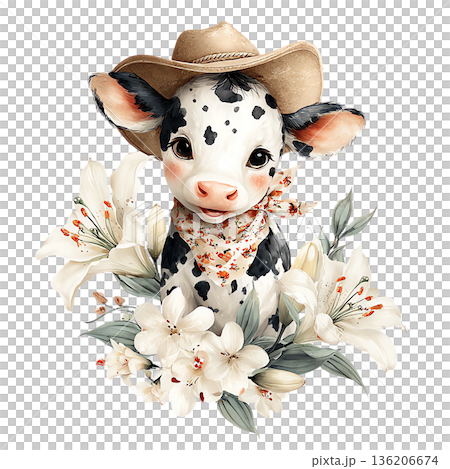 Adorable cowboy calf wearing a bandana and hat, surrounded by elegant white lilies and lush greenery, exuding charm and whimsy for cheerful designs. 136206674