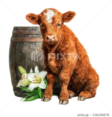 Adorable fluffy brown calf with gentle eyes sits beside an old wooden barrel and delicate white lilies, radiating innocence and rustic charm for charming country or farm-themed projects. 136206676