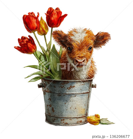Adorable fluffy highland calf peeking from a rustic bucket filled with vibrant red tulips, evoking springtime charm and gentle farm life. Adorable fluffy highland calf peeking from a rustic bucket filled with vibrant red tulips, evoking springtime charm and gentle farm life. 136206677