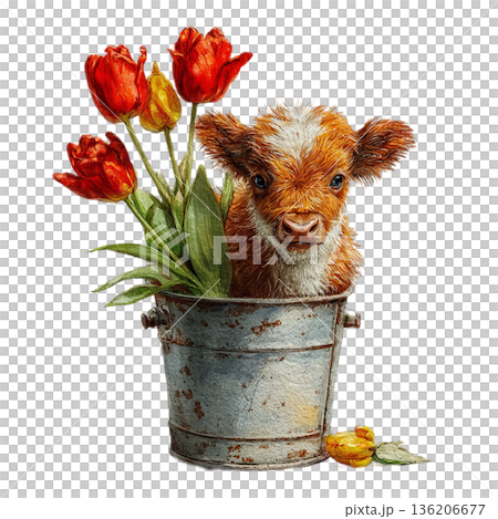 Adorable fluffy highland calf peeking from a rustic bucket filled with vibrant red tulips, evoking springtime charm and gentle farm life. Adorable fluffy highland calf peeking from a rustic bucket filled with vibrant red tulips, evoking springtime charm and gentle farm life. 136206677