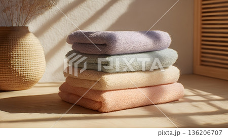 自然光とパステルカラーのタオル｜清潔感のある暮らし 136206707