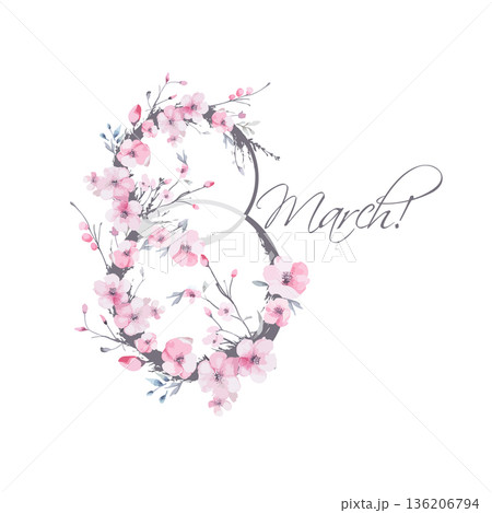 Postcard for March 8. Happy Women's Day. Beautiful cherry blossom flower vector illustration. Hand drawn. Not AI, 136206794