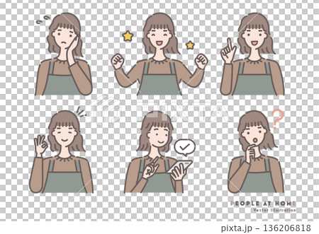 Illustration set of a woman wearing an apron and brown clothes 136206818