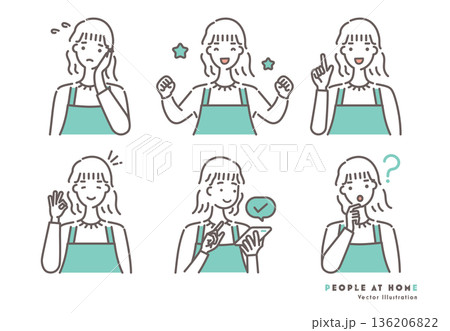 エプロン姿の女性のイラストセット 緑色のツートーン エプロン姿の女性のイラストセット 緑色のツートーン 136206822