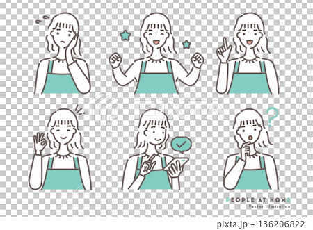 Illustration set of a woman wearing an apron Green two-tone 136206822