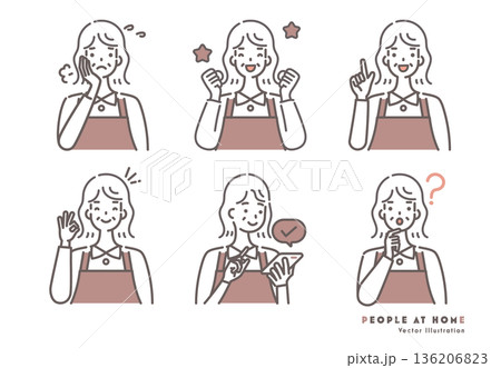 エプロン姿のシニア女性のイラストセット 茶色のツートーン エプロン姿のシニア女性のイラストセット 茶色のツートーン 136206823