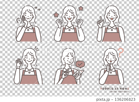 エプロン姿のシニア女性のイラストセット 茶色のツートーン エプロン姿のシニア女性のイラストセット 茶色のツートーン 136206823