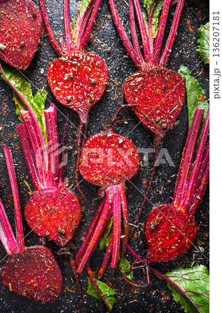 Raw beetroot arranged in colorful pattern Raw beetroot arranged in colorful pattern 136207181