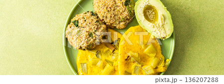 A colorful breakfast spread featuring scrambled eggs mixed with rhubarb, quinoa pancakes, and sliced avocado drizzled with olive oil, all served on a green plate, banner 136207288