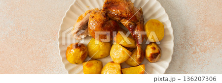 A delicious plate showcases a portion of baked rabbit alongside tender, golden roasted potatoes. The rabbit appears well-seasoned, with a crispy skin, while the potatoes are perfectly cooked, banner A delicious plate showcases a portion of baked rabbit alongside tender, golden roasted potatoes. The rabbit appears well-seasoned, with a crispy skin, while the potatoes are perfectly cooked, banner 136207306