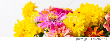 This vibrant bouquet of colorful Zinnia and Rudbeckia Goldquelle flowers brings a cheerful touch to home decor, ideal for a bright and seasonal summer arrangement, banner This vibrant bouquet of colorful Zinnia and Rudbeckia Goldquelle flowers brings a cheerful touch to home decor, ideal for a bright and seasonal summer arrangement, banner 136207344