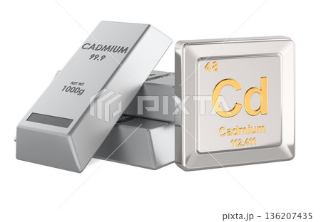 Cadmium ingots with Cd chemical element symbol, 3D rendering Cadmium ingots with Cd chemical element symbol, 3D rendering 136207435