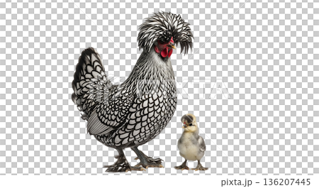 A Silver Laced Polish chicken is standing next to its chick. The setting is bright, highlighting the unique feathers and the bond between the mother and her chick. 136207445