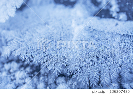Winter or christmas background with snow crystals closee-up, rime patterns, copy space 136207480