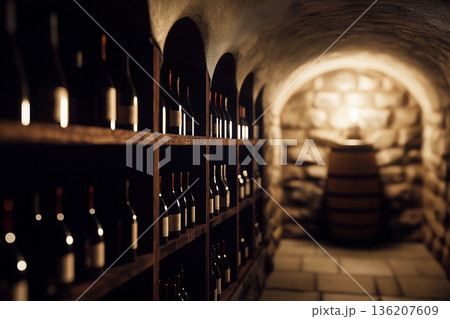 Stone wine cellar with bottle racks and barrel Stone wine cellar with bottle racks and barrel 136207609