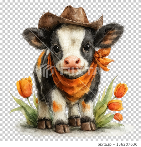 Adorable cowboy calf with a jaunty orange bandana and brown hat stands among vibrant tulips, radiating farm charm and playful personality for heartwarming projects. Adorable cowboy calf with a jaunty orange bandana and brown hat stands among vibrant tulips, radiating farm charm and playful personality for heartwarming projects. 136207630