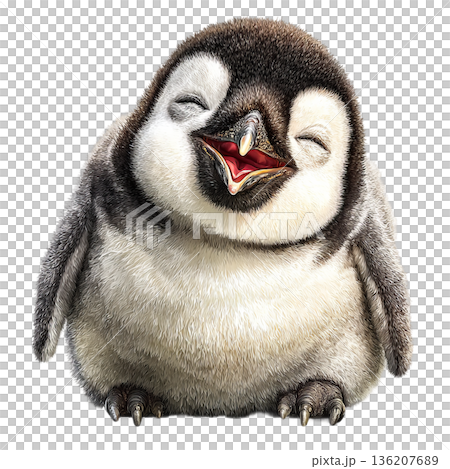 Joyful baby penguin chick with eyes closed and beak open in an expression of pure delight, perfect for conveying happiness and innocence in any project. 136207689