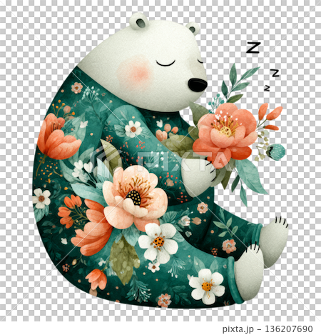 Adorable sleepy polar bear snuggled with a bouquet of vibrant flowers, dreaming sweet dreams in a cozy, floral pajama set, perfect for children's books and nursery decor. 136207690