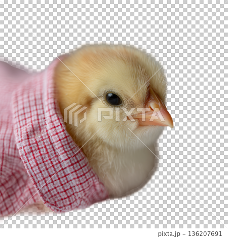 Adorable fluffy yellow chick snuggled warmly in a cozy red and white checkered cloth, radiating innocence and spring charm for your heartwarming projects. 136207691