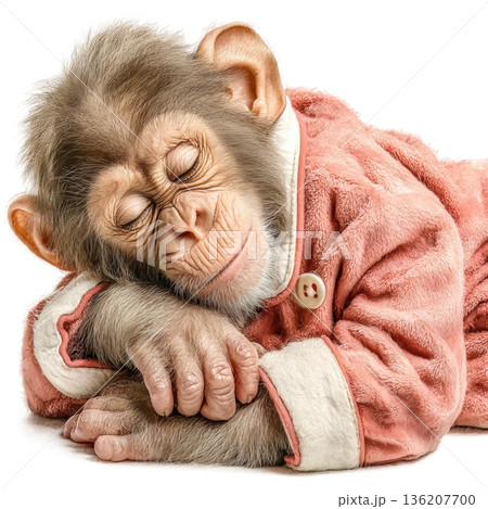 Adorable baby chimpanzee peacefully sleeping in a cozy pink robe, capturing a moment of pure innocence and childlike slumber 136207700