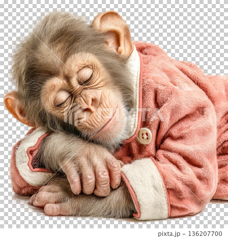 Adorable baby chimpanzee peacefully sleeping in a cozy pink robe, capturing a moment of pure innocence and childlike slumber 136207700