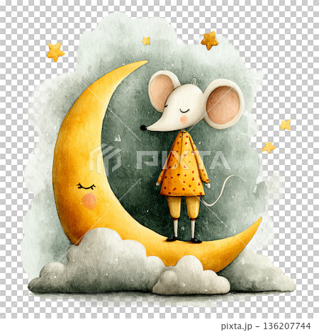 Adorable watercolor mouse character resting peacefully on a smiling crescent moon surrounded by fluffy clouds and twinkling stars, perfect for children's books and nursery decor 136207744