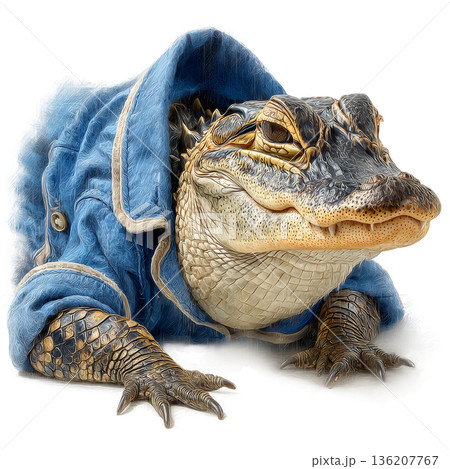 Whimsical alligator sporting a cozy blue jacket, perfect for quirky marketing campaigns and fun storytelling, radiating playful charm and unexpected style for creative projects seeking a unique 136207767